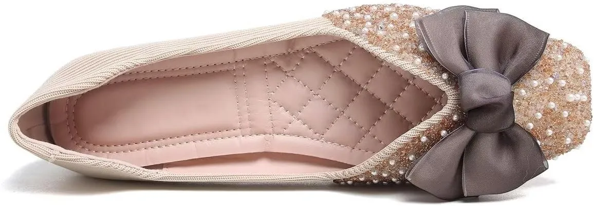 LUXINYU Women Silk Bowknot Flats Shoes Sparkly Rhinestone Wedding Flats Comfortable Square Toe Ballet Shoes Low Heel Slip on Dress Shoes
