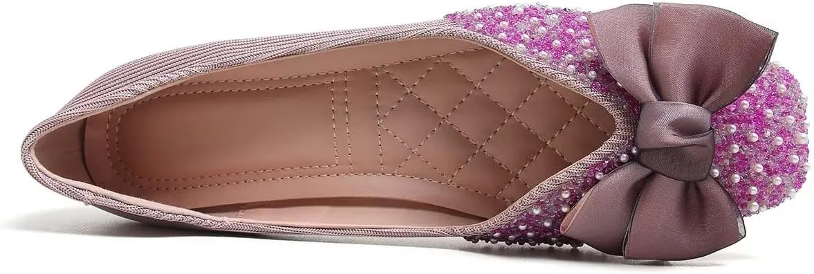 LUXINYU Women Silk Bowknot Flats Shoes Sparkly Rhinestone Wedding Flats Comfortable Square Toe Ballet Shoes Low Heel Slip on Dress Shoes