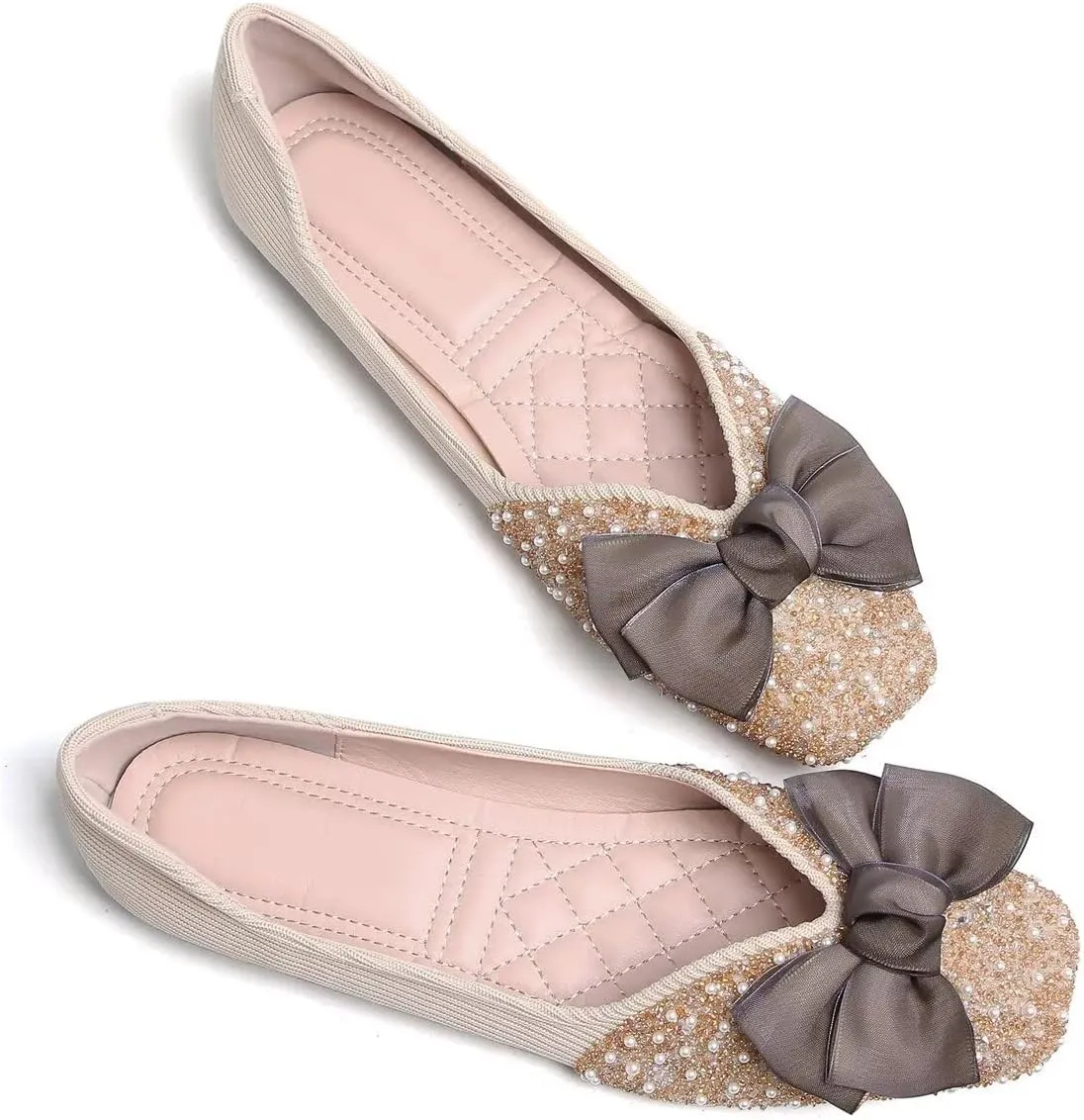 LUXINYU Women Silk Bowknot Flats Shoes Sparkly Rhinestone Wedding Flats Comfortable Square Toe Ballet Shoes Low Heel Slip on Dress Shoes
