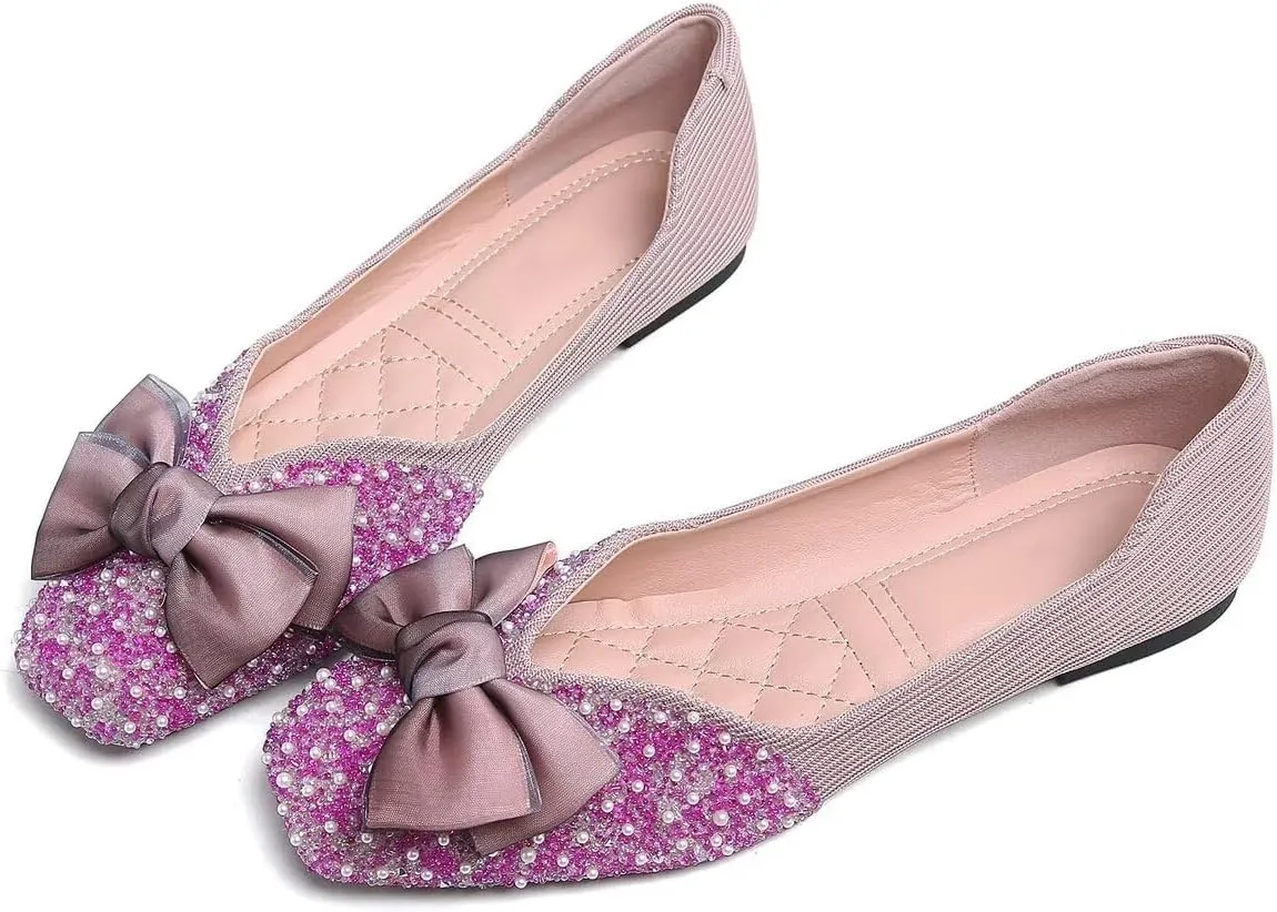 LUXINYU Women Silk Bowknot Flats Shoes Sparkly Rhinestone Wedding Flats Comfortable Square Toe Ballet Shoes Low Heel Slip on Dress Shoes