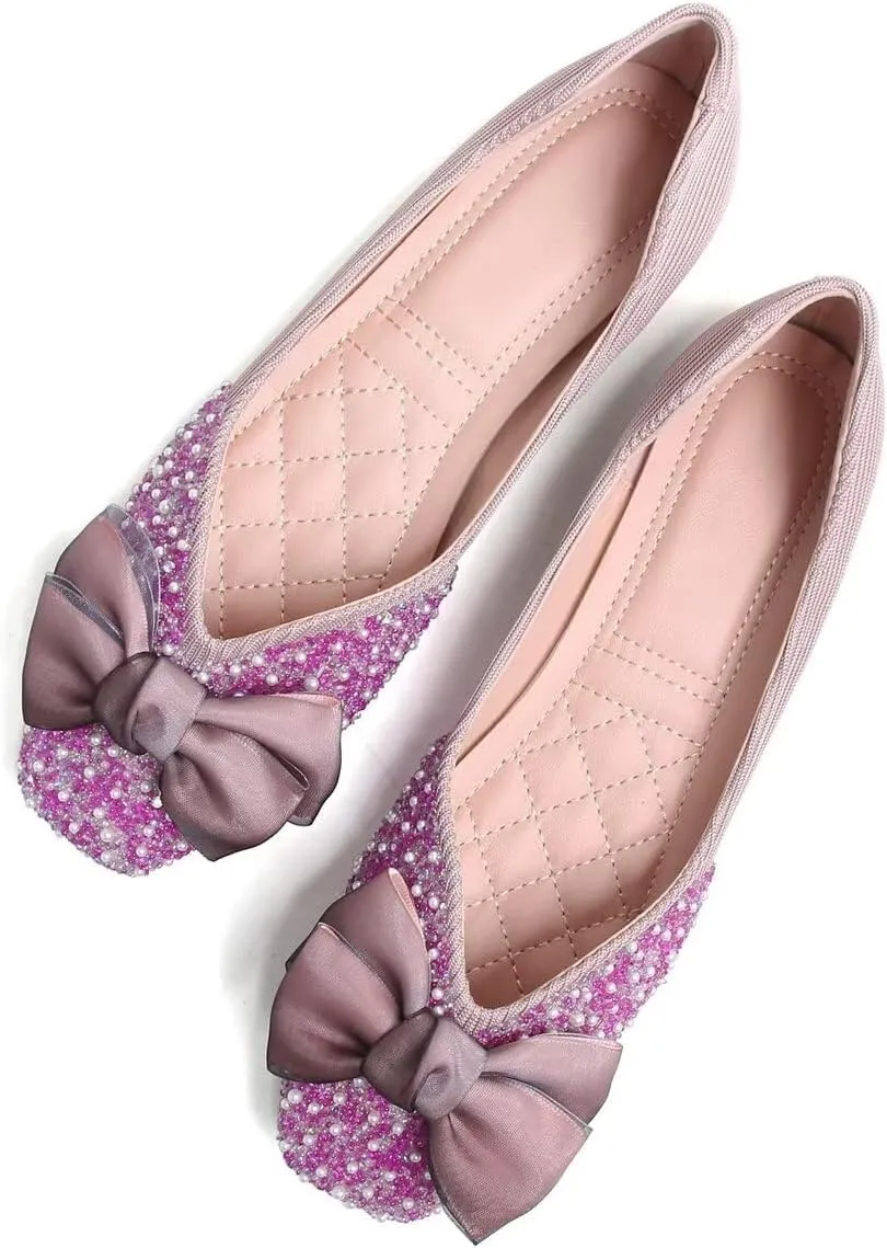 LUXINYU Women Silk Bowknot Flats Shoes Sparkly Rhinestone Wedding Flats Comfortable Square Toe Ballet Shoes Low Heel Slip on Dress Shoes