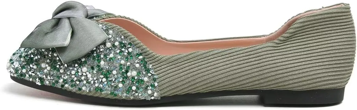 LUXINYU Women Silk Bowknot Flats Shoes Sparkly Rhinestone Wedding Flats Comfortable Square Toe Ballet Shoes Low Heel Slip on Dress Shoes