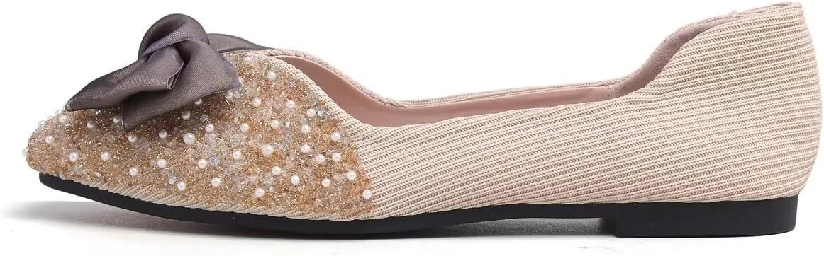 LUXINYU Women Silk Bowknot Flats Shoes Sparkly Rhinestone Wedding Flats Comfortable Square Toe Ballet Shoes Low Heel Slip on Dress Shoes