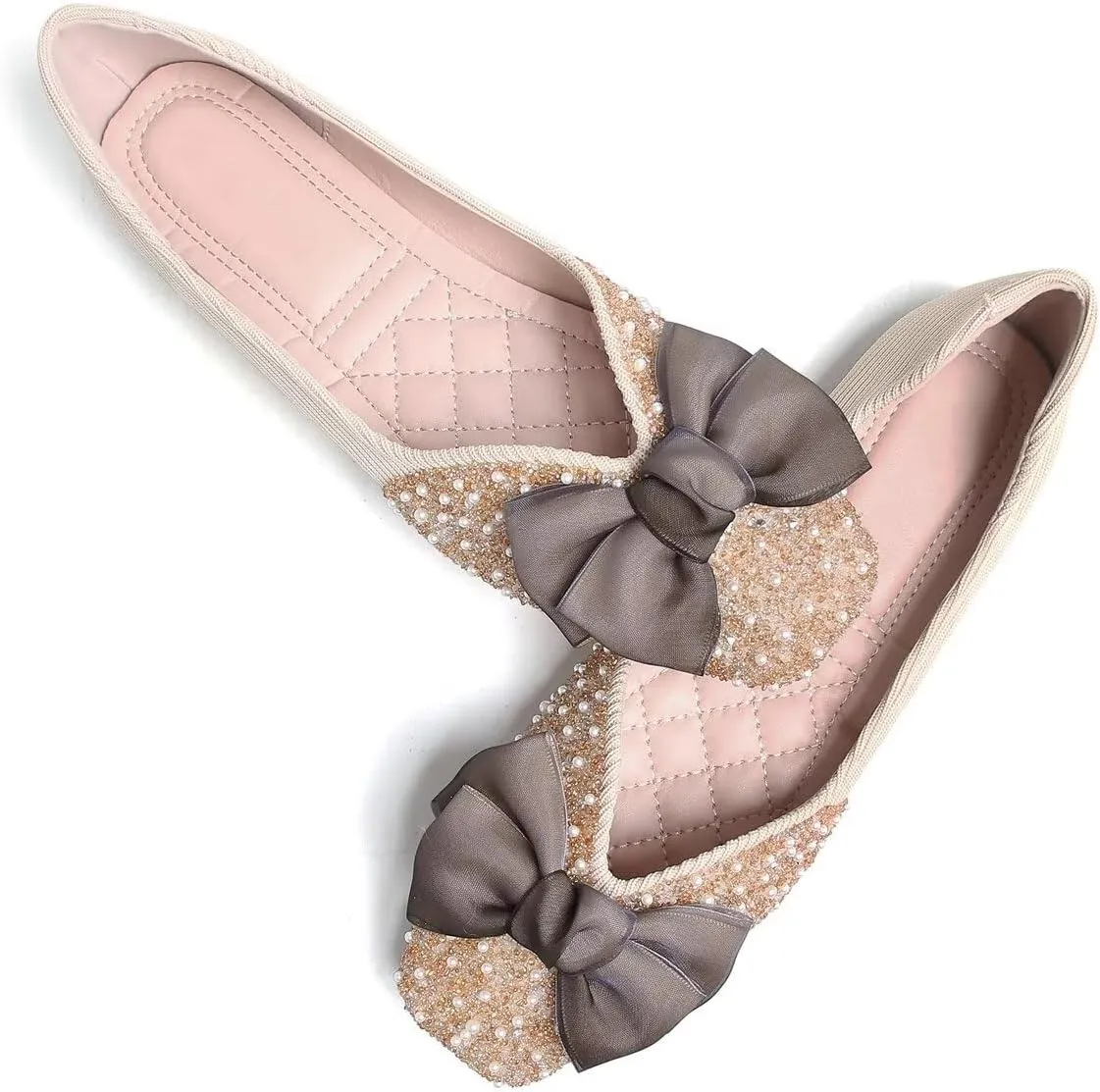LUXINYU Women Silk Bowknot Flats Shoes Sparkly Rhinestone Wedding Flats Comfortable Square Toe Ballet Shoes Low Heel Slip on Dress Shoes