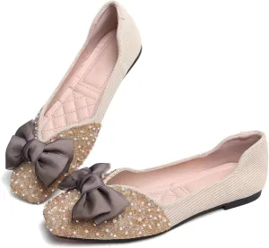 LUXINYU Women Silk Bowknot Flats Shoes Sparkly Rhinestone Wedding Flats Comfortable Square Toe Ballet Shoes Low Heel Slip on Dress Shoes