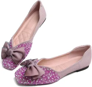 LUXINYU Women Silk Bowknot Flats Shoes Sparkly Rhinestone Wedding Flats Comfortable Square Toe Ballet Shoes Low Heel Slip on Dress Shoes