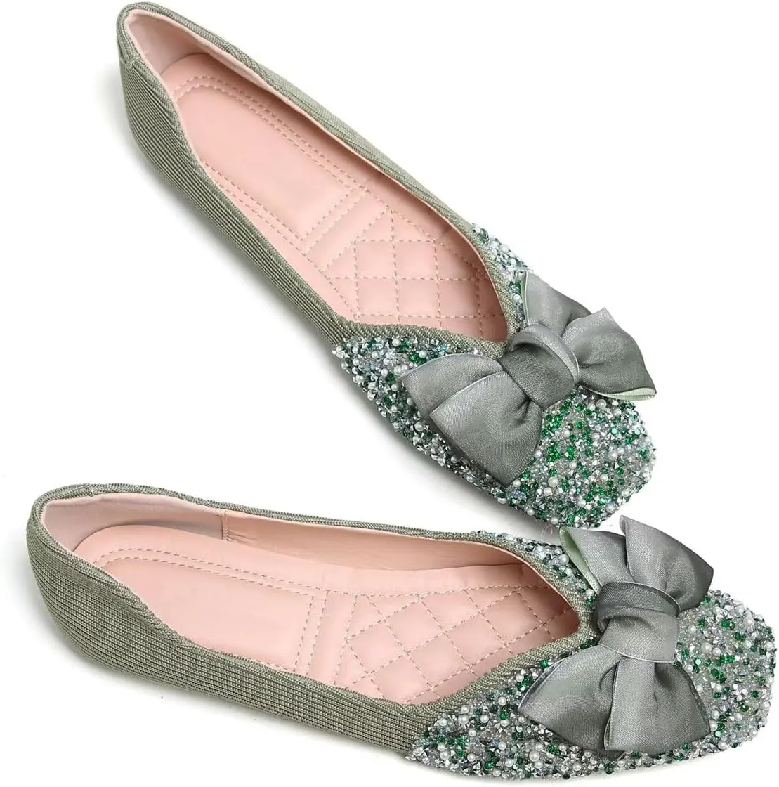LUXINYU Women Silk Bowknot Flats Shoes Sparkly Rhinestone Wedding Flats Comfortable Square Toe Ballet Shoes Low Heel Slip on Dress Shoes