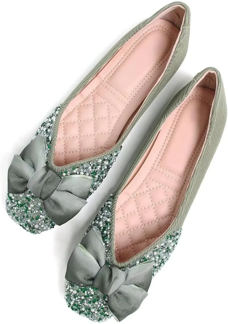 LUXINYU Women Silk Bowknot Flats Shoes Sparkly Rhinestone Wedding Flats Comfortable Square Toe Ballet Shoes Low Heel Slip on Dress Shoes