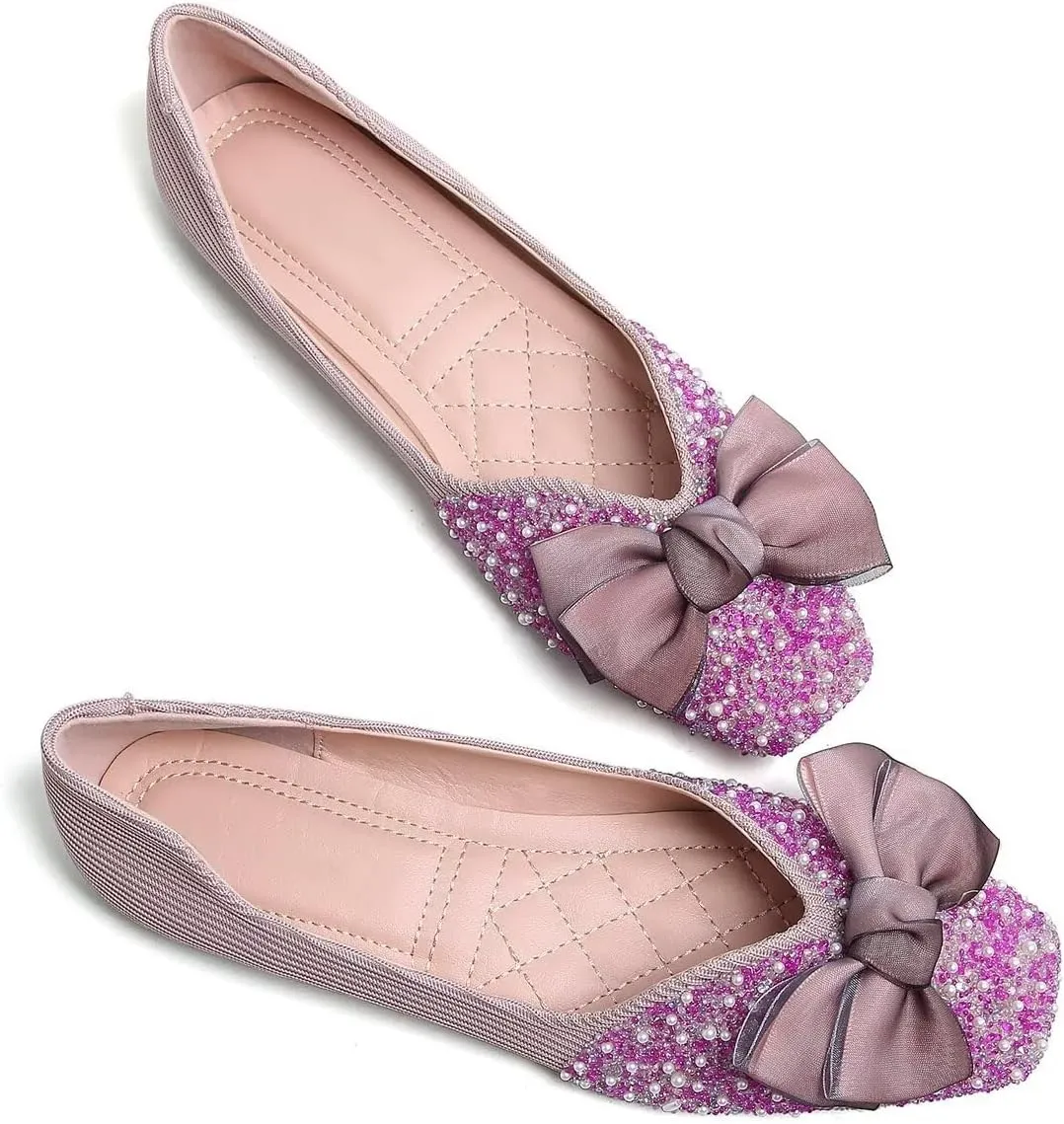 LUXINYU Women Silk Bowknot Flats Shoes Sparkly Rhinestone Wedding Flats Comfortable Square Toe Ballet Shoes Low Heel Slip on Dress Shoes