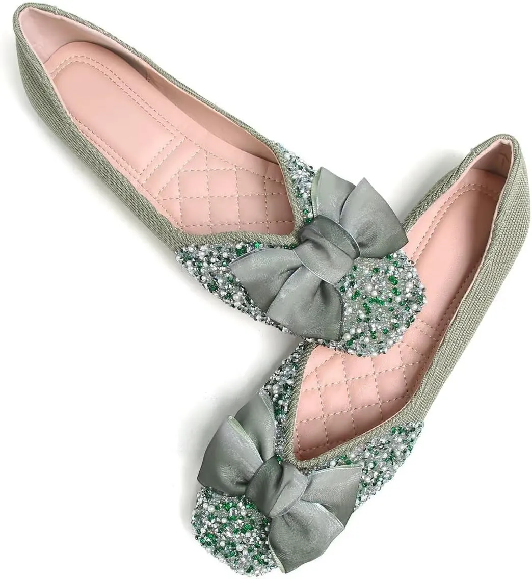 LUXINYU Women Silk Bowknot Flats Shoes Sparkly Rhinestone Wedding Flats Comfortable Square Toe Ballet Shoes Low Heel Slip on Dress Shoes