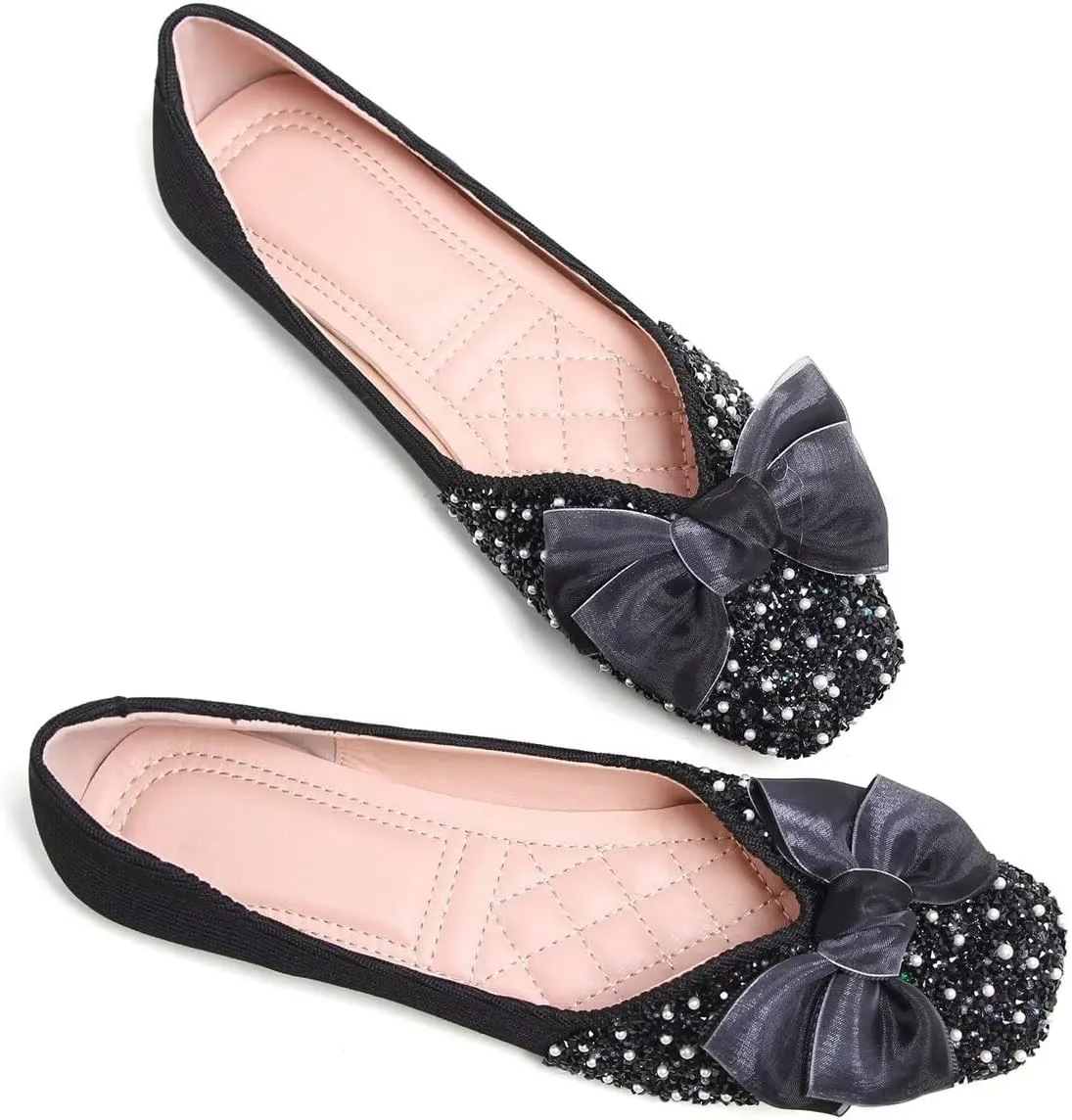 LUXINYU Women Silk Bowknot Flats Shoes Sparkly Rhinestone Wedding Flats Comfortable Square Toe Ballet Shoes Low Heel Slip on Dress Shoes