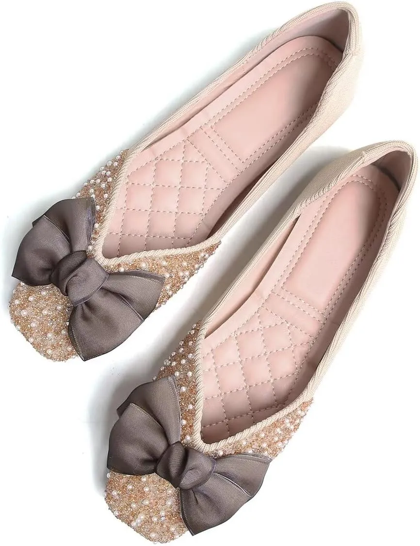 LUXINYU Women Silk Bowknot Flats Shoes Sparkly Rhinestone Wedding Flats Comfortable Square Toe Ballet Shoes Low Heel Slip on Dress Shoes