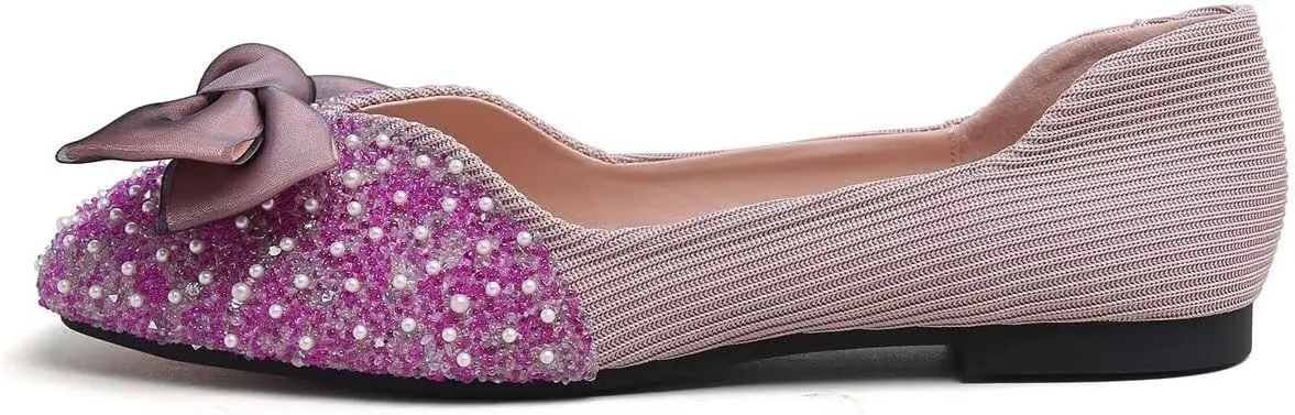 LUXINYU Women Silk Bowknot Flats Shoes Sparkly Rhinestone Wedding Flats Comfortable Square Toe Ballet Shoes Low Heel Slip on Dress Shoes