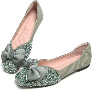 LUXINYU Women Silk Bowknot Flats Shoes Sparkly Rhinestone Wedding Flats Comfortable Square Toe Ballet Shoes Low Heel Slip on Dress Shoes