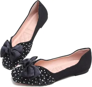 LUXINYU Women Silk Bowknot Flats Shoes Sparkly Rhinestone Wedding Flats Comfortable Square Toe Ballet Shoes Low Heel Slip on Dress Shoes
