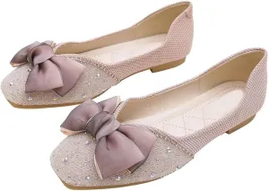 LUXINYU Women Silk Bowknot Flats Shoes Sparkly Rhinestone Wedding Party Flats Comfortable Square Toe Ballet Shoes Low Heel Slip on Casual Dress Shoes
