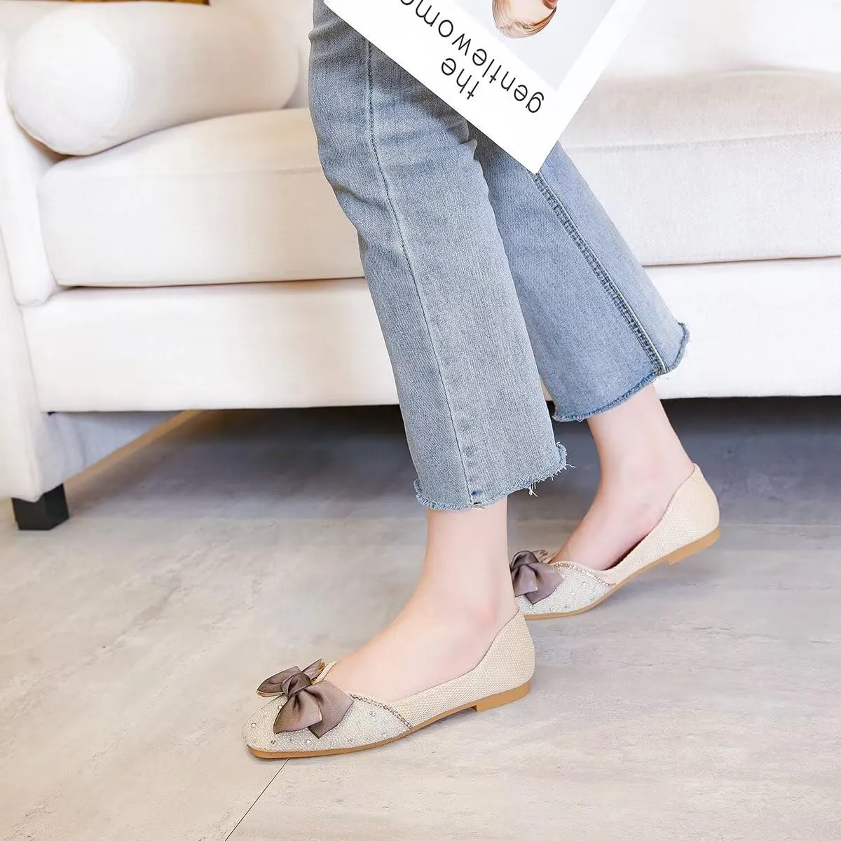 LUXINYU Women Silk Bowknot Flats Shoes Sparkly Rhinestone Wedding Party Flats Comfortable Square Toe Ballet Shoes Low Heel Slip on Casual Dress Shoes