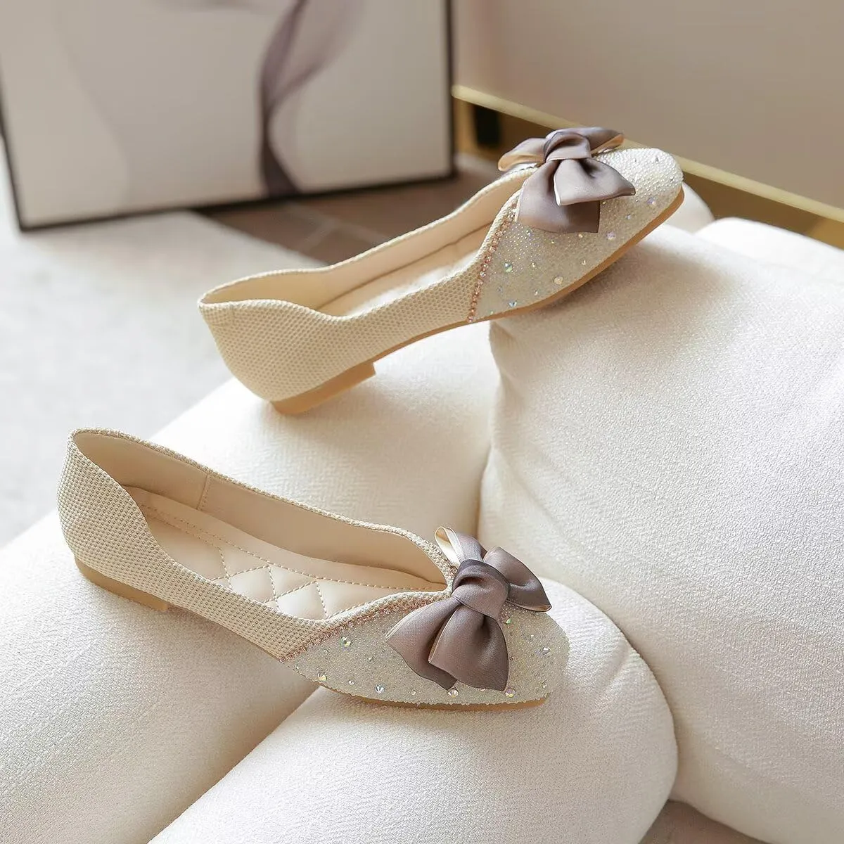 LUXINYU Women Silk Bowknot Flats Shoes Sparkly Rhinestone Wedding Party Flats Comfortable Square Toe Ballet Shoes Low Heel Slip on Casual Dress Shoes