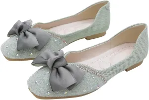 LUXINYU Women Silk Bowknot Flats Shoes Sparkly Rhinestone Wedding Party Flats Comfortable Square Toe Ballet Shoes Low Heel Slip on Casual Dress Shoes