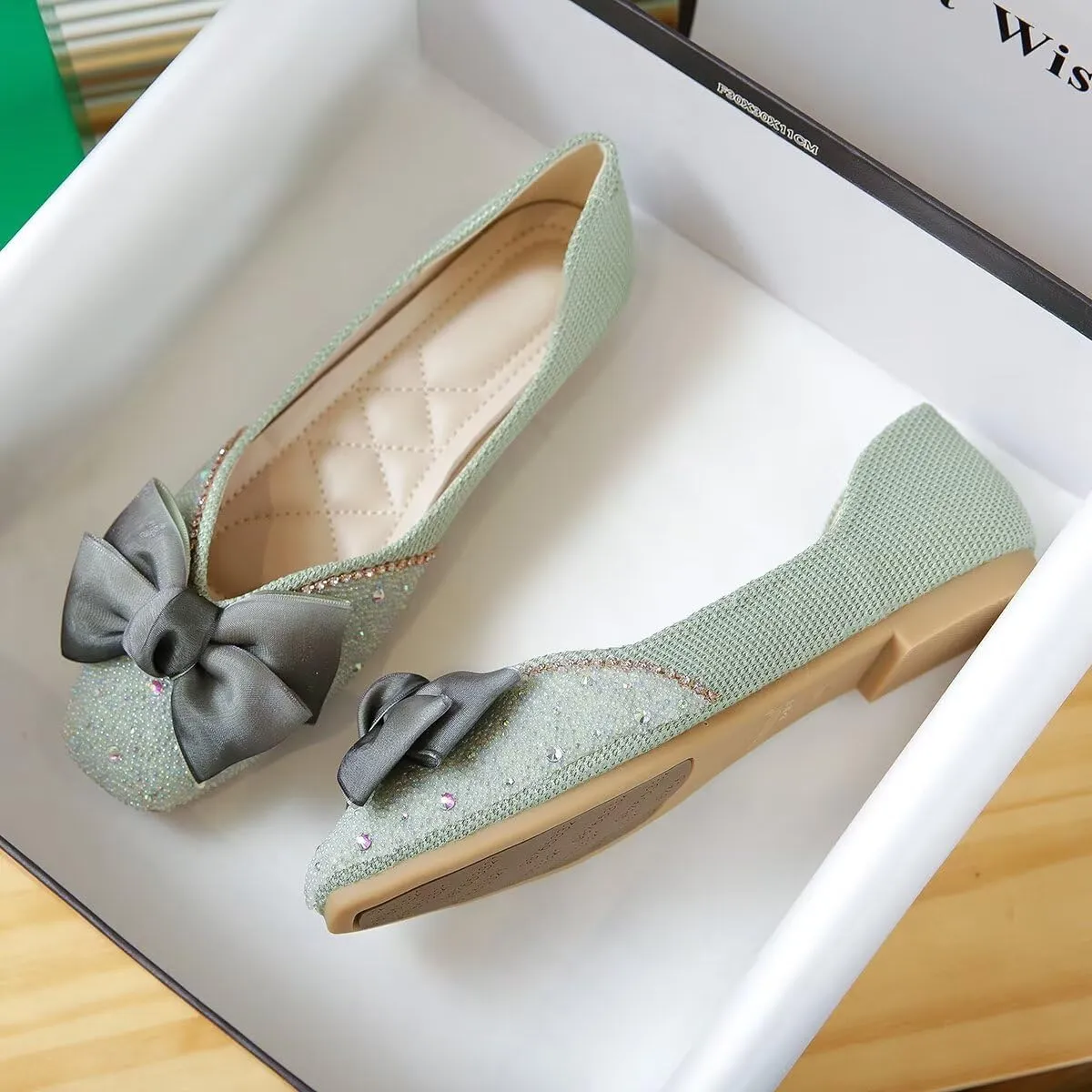 LUXINYU Women Silk Bowknot Flats Shoes Sparkly Rhinestone Wedding Party Flats Comfortable Square Toe Ballet Shoes Low Heel Slip on Casual Dress Shoes