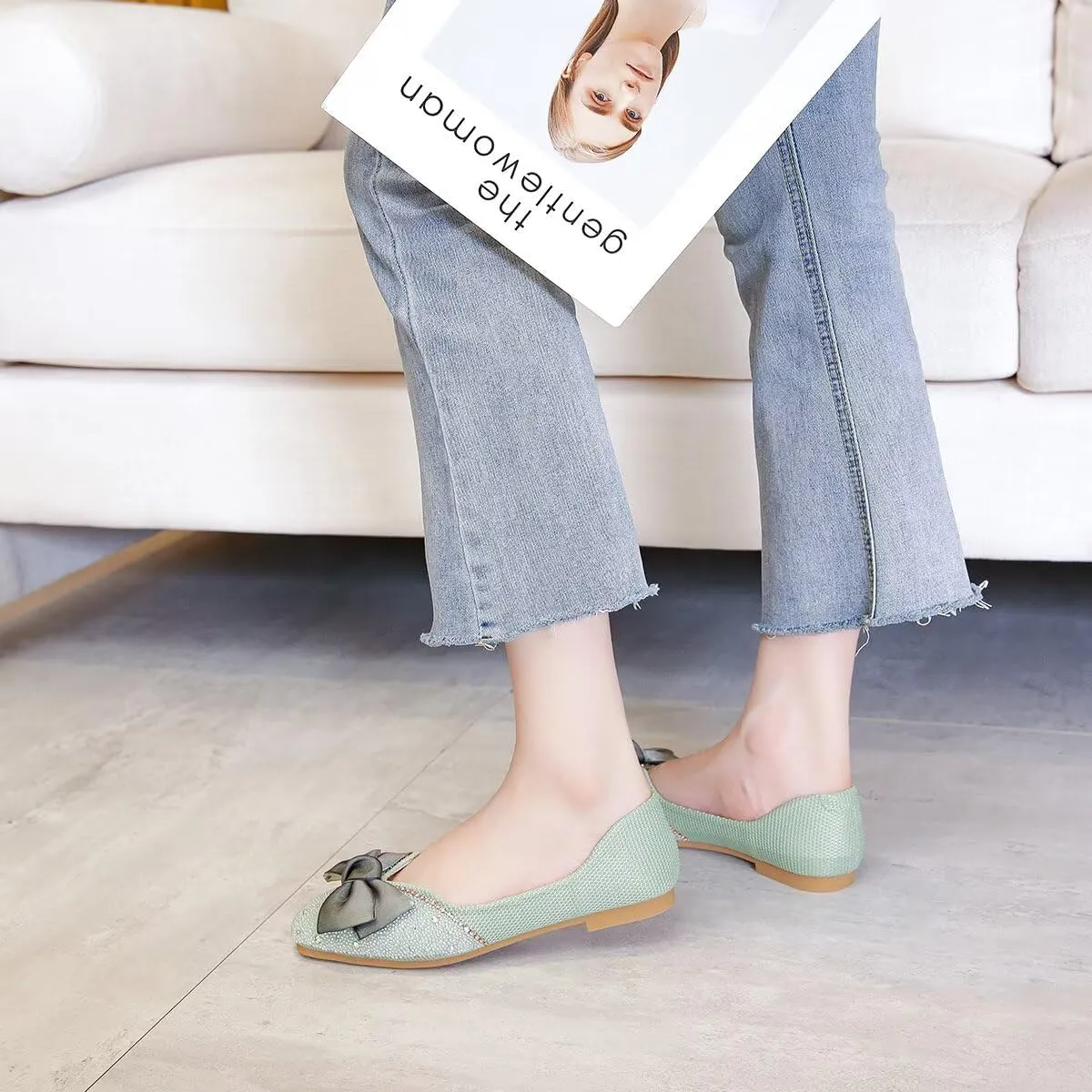 LUXINYU Women Silk Bowknot Flats Shoes Sparkly Rhinestone Wedding Party Flats Comfortable Square Toe Ballet Shoes Low Heel Slip on Casual Dress Shoes