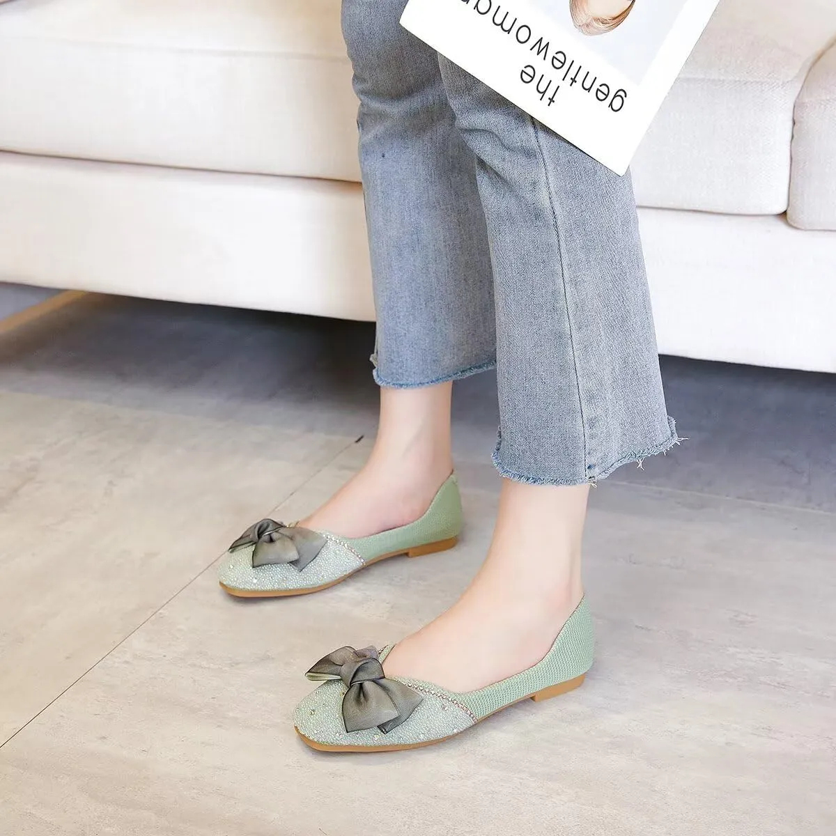 LUXINYU Women Silk Bowknot Flats Shoes Sparkly Rhinestone Wedding Party Flats Comfortable Square Toe Ballet Shoes Low Heel Slip on Casual Dress Shoes