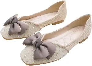 LUXINYU Women Silk Bowknot Flats Shoes Sparkly Rhinestone Wedding Party Flats Comfortable Square Toe Ballet Shoes Low Heel Slip on Casual Dress Shoes