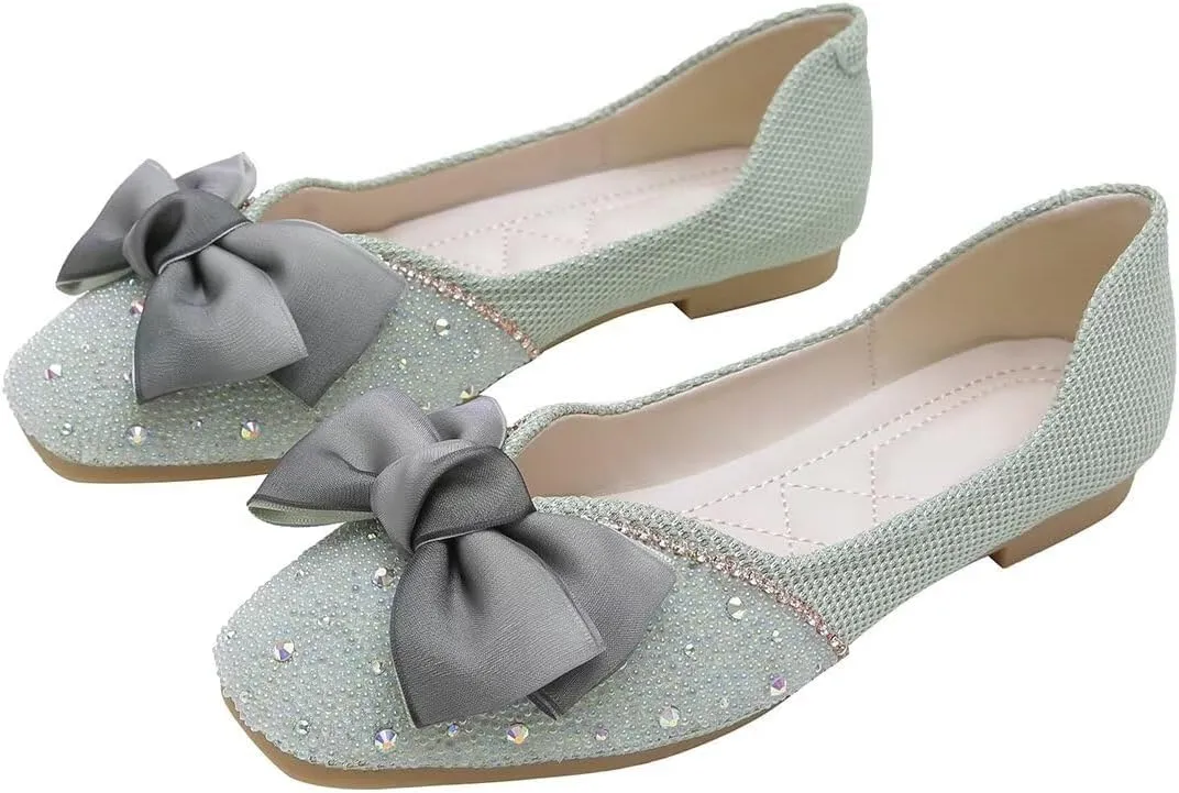 LUXINYU Women Silk Bowknot Flats Shoes Sparkly Rhinestone Wedding Party Flats Comfortable Square Toe Ballet Shoes Low Heel Slip on Casual Dress Shoes
