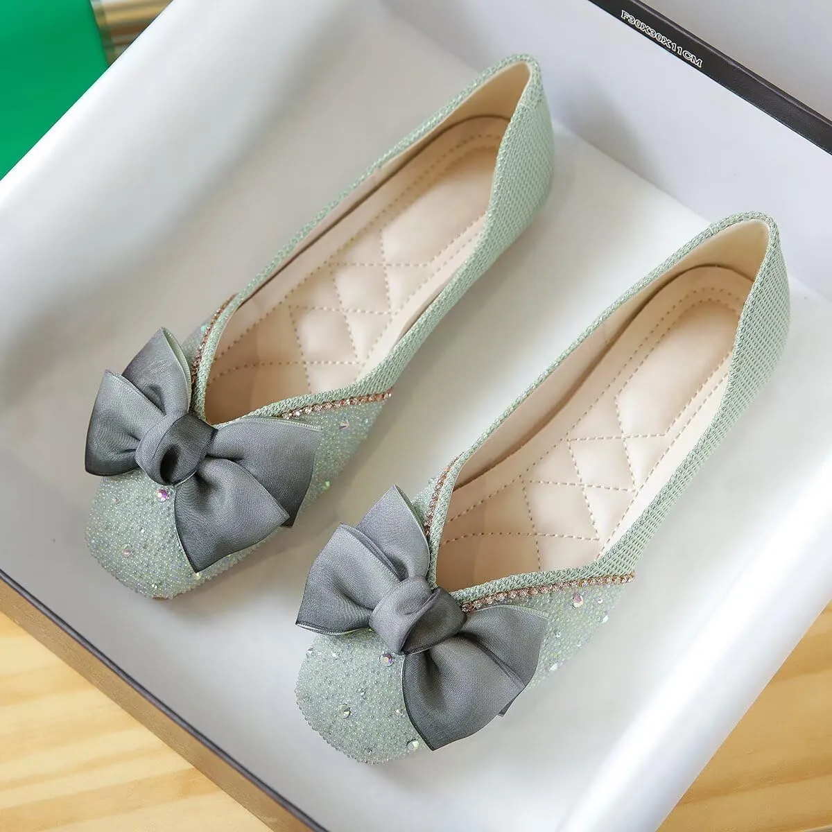 LUXINYU Women Silk Bowknot Flats Shoes Sparkly Rhinestone Wedding Party Flats Comfortable Square Toe Ballet Shoes Low Heel Slip on Casual Dress Shoes