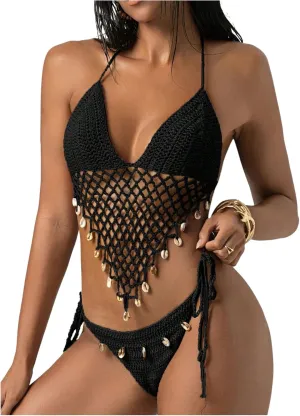 MakeMeChic Women's Boho Hollow Out Halter Bikini Sets Shell Crochet Summer Beach Swimsuit Bathing Suit