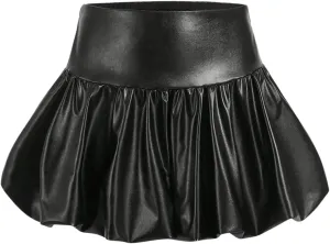 MakeMeChic Women's Leather Ruffle Hem Bubble Mini Skirt Balloon A Line Y2K Short Skirts