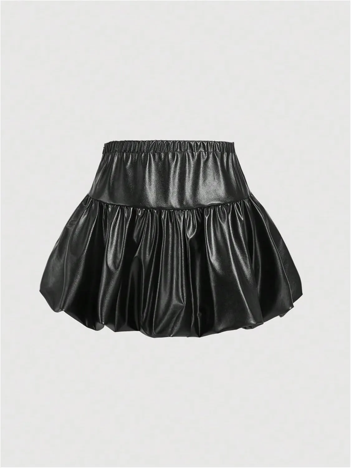 MakeMeChic Women's Leather Ruffle Hem Bubble Mini Skirt Balloon A Line Y2K Short Skirts