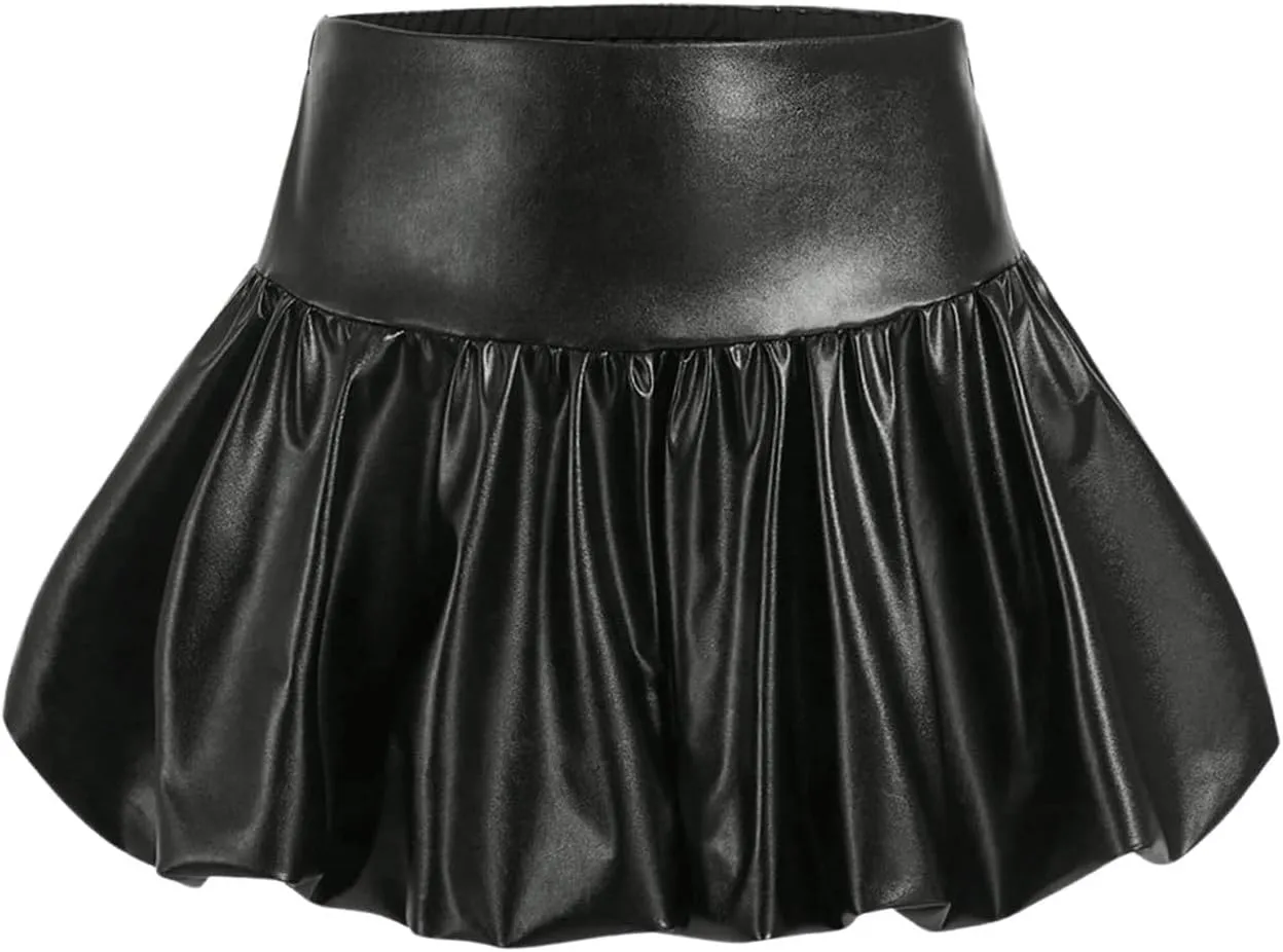 MakeMeChic Women's Leather Ruffle Hem Bubble Mini Skirt Balloon A Line Y2K Short Skirts