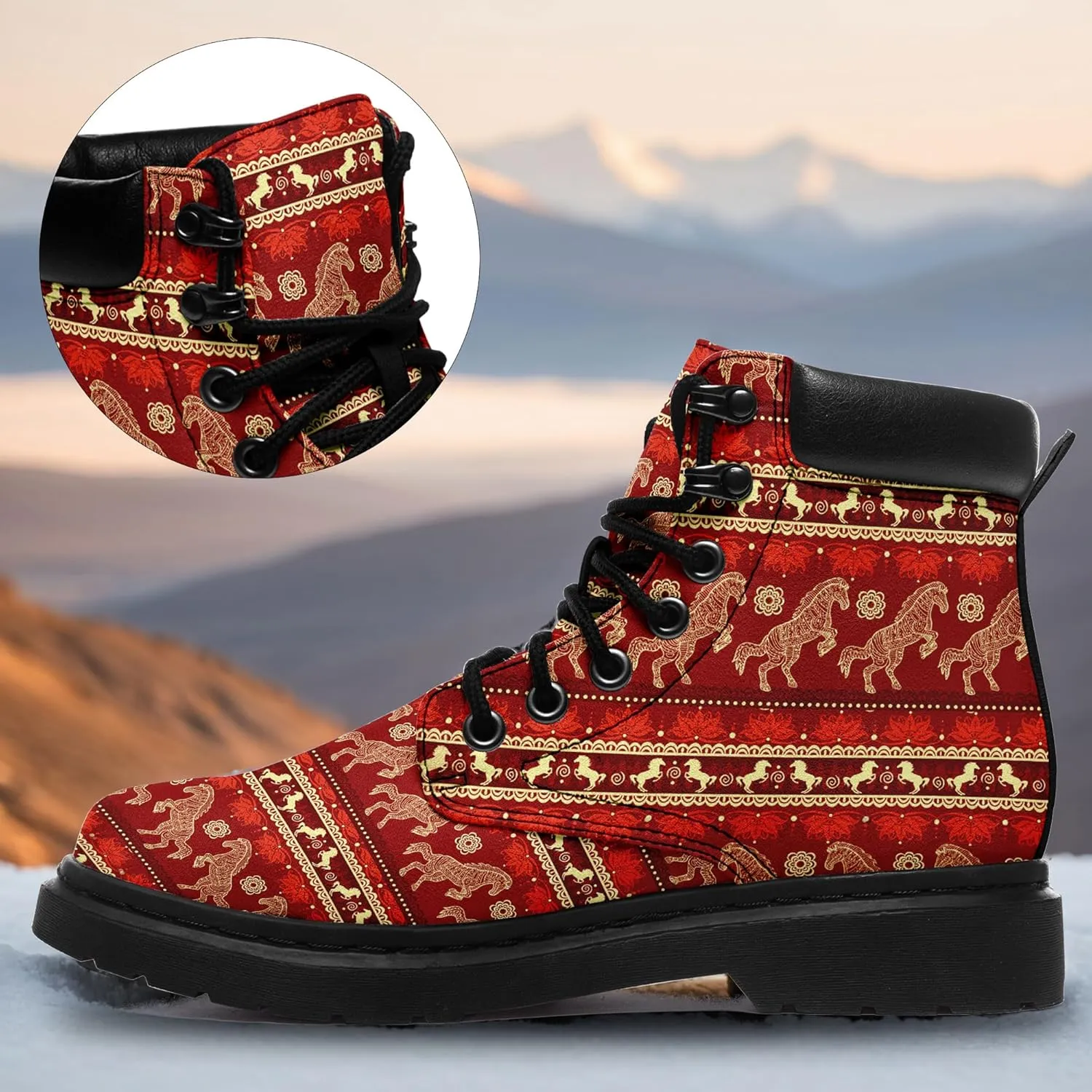 Mandala Combat Boots for Men and Women with Floral, Sun and Moon Designs – Durable Boho Ankle Boots for Hiking,Casual Wear