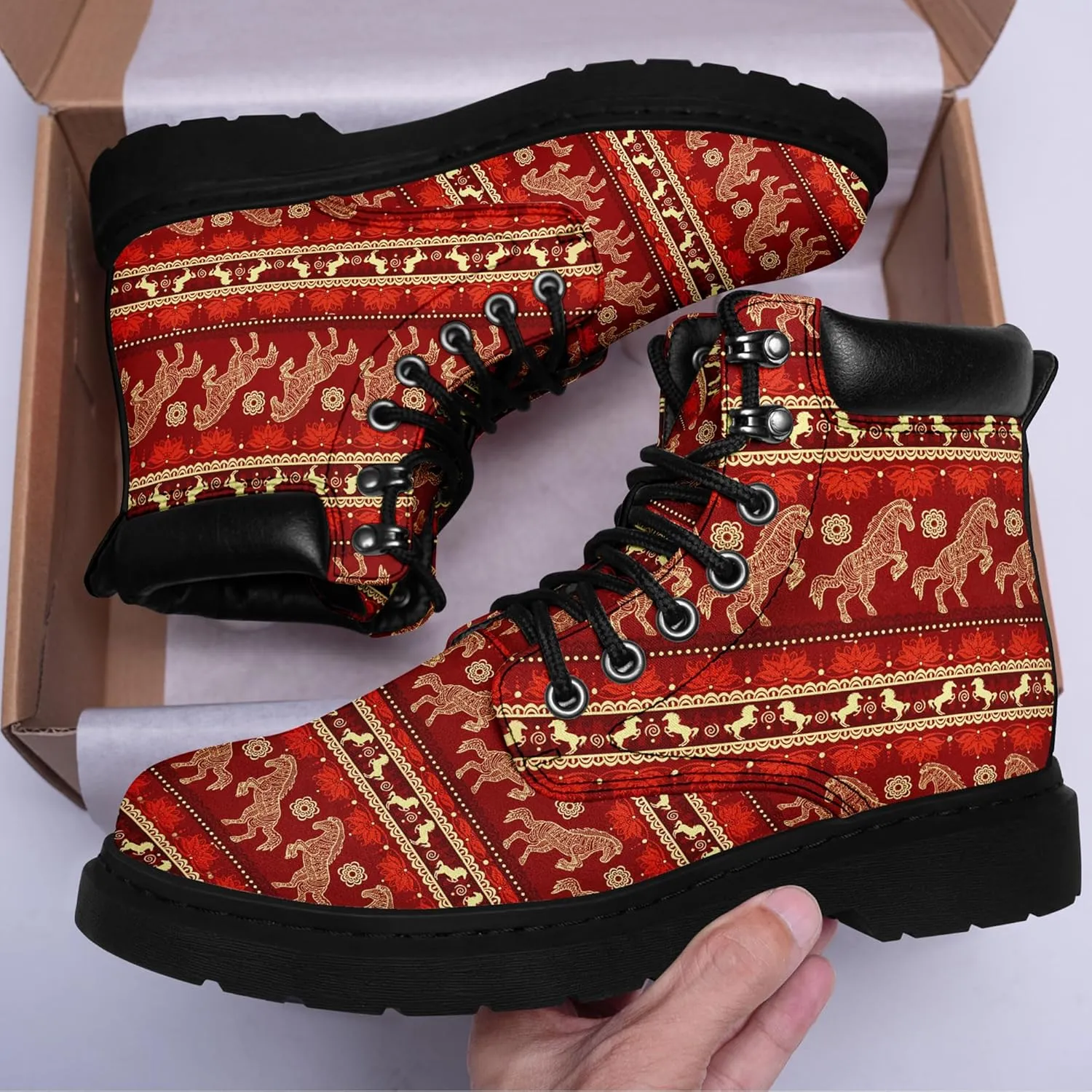 Mandala Combat Boots for Men and Women with Floral, Sun and Moon Designs – Durable Boho Ankle Boots for Hiking,Casual Wear