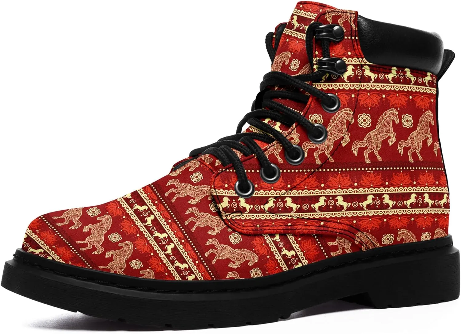 Mandala Combat Boots for Men and Women with Floral, Sun and Moon Designs – Durable Boho Ankle Boots for Hiking,Casual Wear