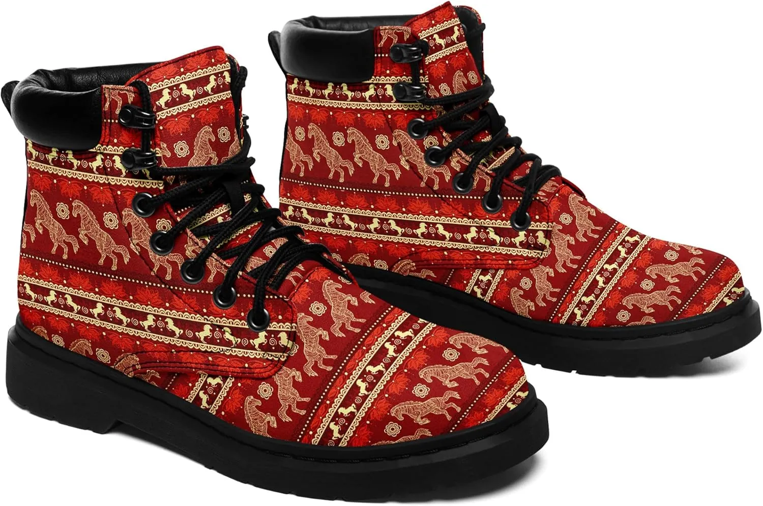 Mandala Combat Boots for Men and Women with Floral, Sun and Moon Designs – Durable Boho Ankle Boots for Hiking,Casual Wear