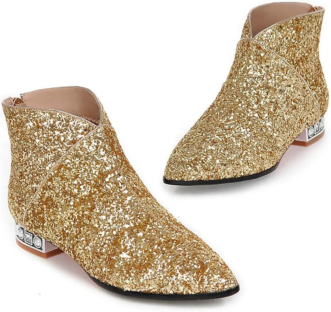 MAVMAX Sequin Low Heeled Ankle Boots Sparkly Block Heel Booties Shiny Glitter Flats Wedding Shoes for Women