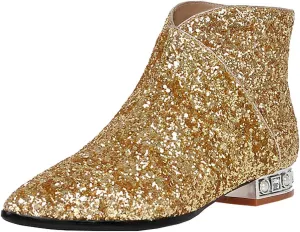 MAVMAX Sequin Low Heeled Ankle Boots Sparkly Block Heel Booties Shiny Glitter Flats Wedding Shoes for Women