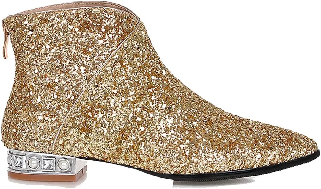 MAVMAX Sequin Low Heeled Ankle Boots Sparkly Block Heel Booties Shiny Glitter Flats Wedding Shoes for Women