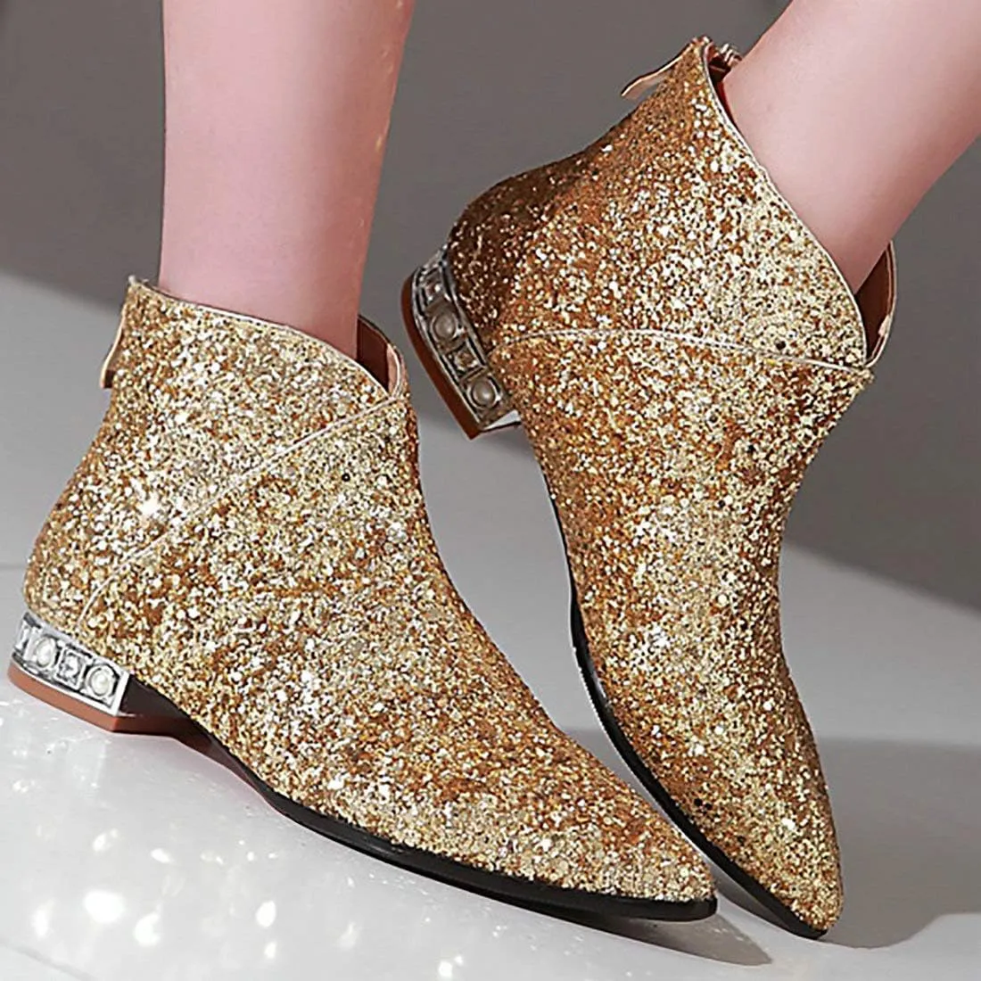 MAVMAX Sequin Low Heeled Ankle Boots Sparkly Block Heel Booties Shiny Glitter Flats Wedding Shoes for Women