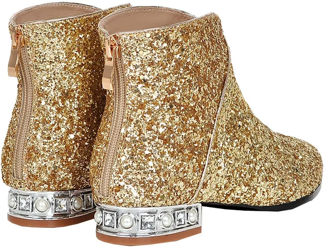MAVMAX Sequin Low Heeled Ankle Boots Sparkly Block Heel Booties Shiny Glitter Flats Wedding Shoes for Women
