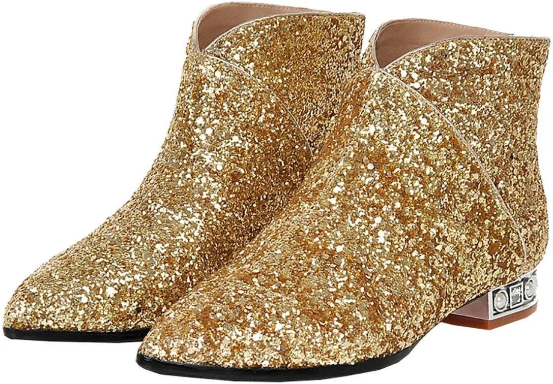 MAVMAX Sequin Low Heeled Ankle Boots Sparkly Block Heel Booties Shiny Glitter Flats Wedding Shoes for Women
