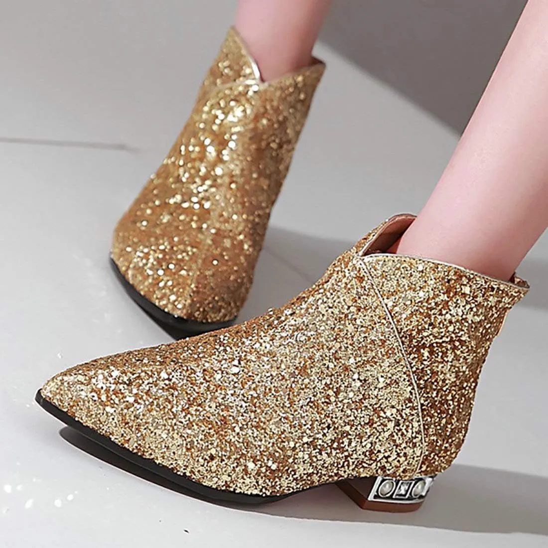 MAVMAX Sequin Low Heeled Ankle Boots Sparkly Block Heel Booties Shiny Glitter Flats Wedding Shoes for Women