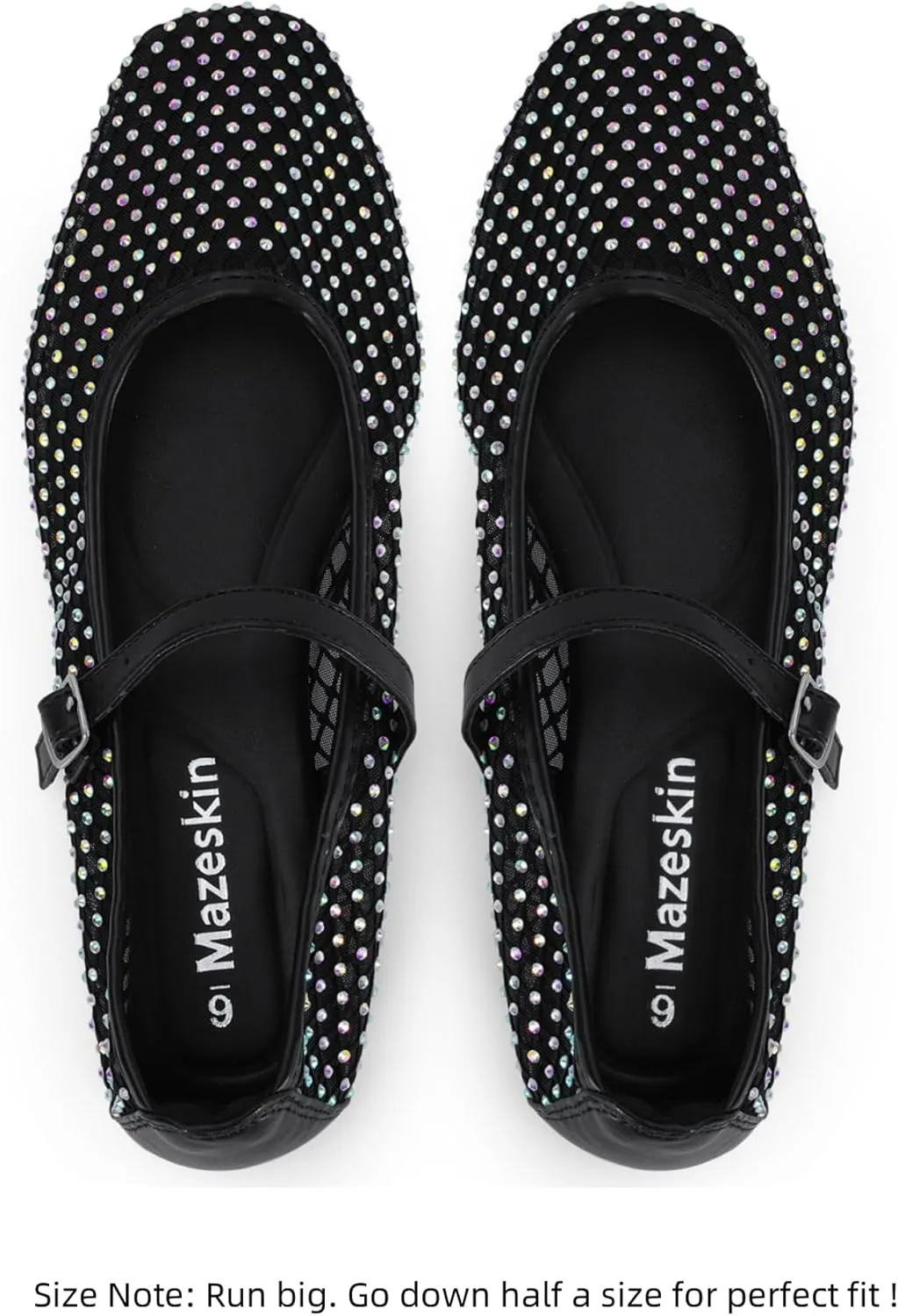 mazeskin Womens Mesh Memory Foam Ballet Flats Square Toe Shoes Ladies Comfortable Buckle Strap Ballerina Shoes with Rhinestone