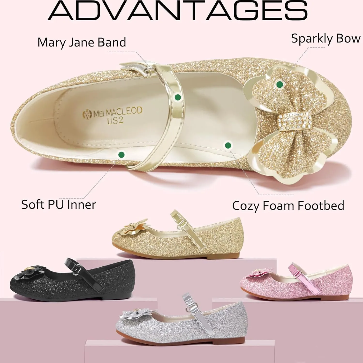 Mei MACLEOD Girls Ballet Flats Glitter Mary Jane Dress Shoes Ballerina