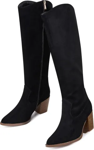 MeiLuSi Womens Knee High Boots Pointed Toe Suede Boots Chunky Heel Faux Slouchy Shoes Tall Fall 2025 Side Zipper