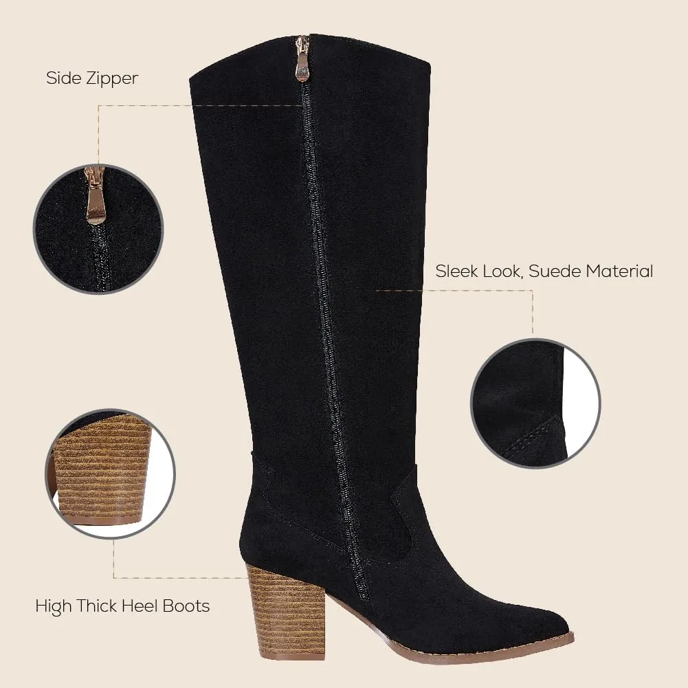 MeiLuSi Womens Knee High Boots Pointed Toe Suede Boots Chunky Heel Faux Slouchy Shoes Tall Fall 2025 Side Zipper