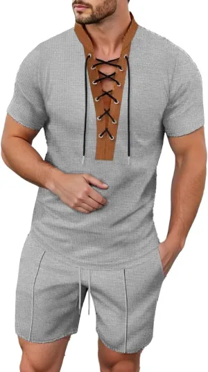 Men's 2 Piece Casual Summer Beach Drawstring Shirt Short Sleeve Solid Color Comfy Shirts and Shorts Yoga Outfits Sets