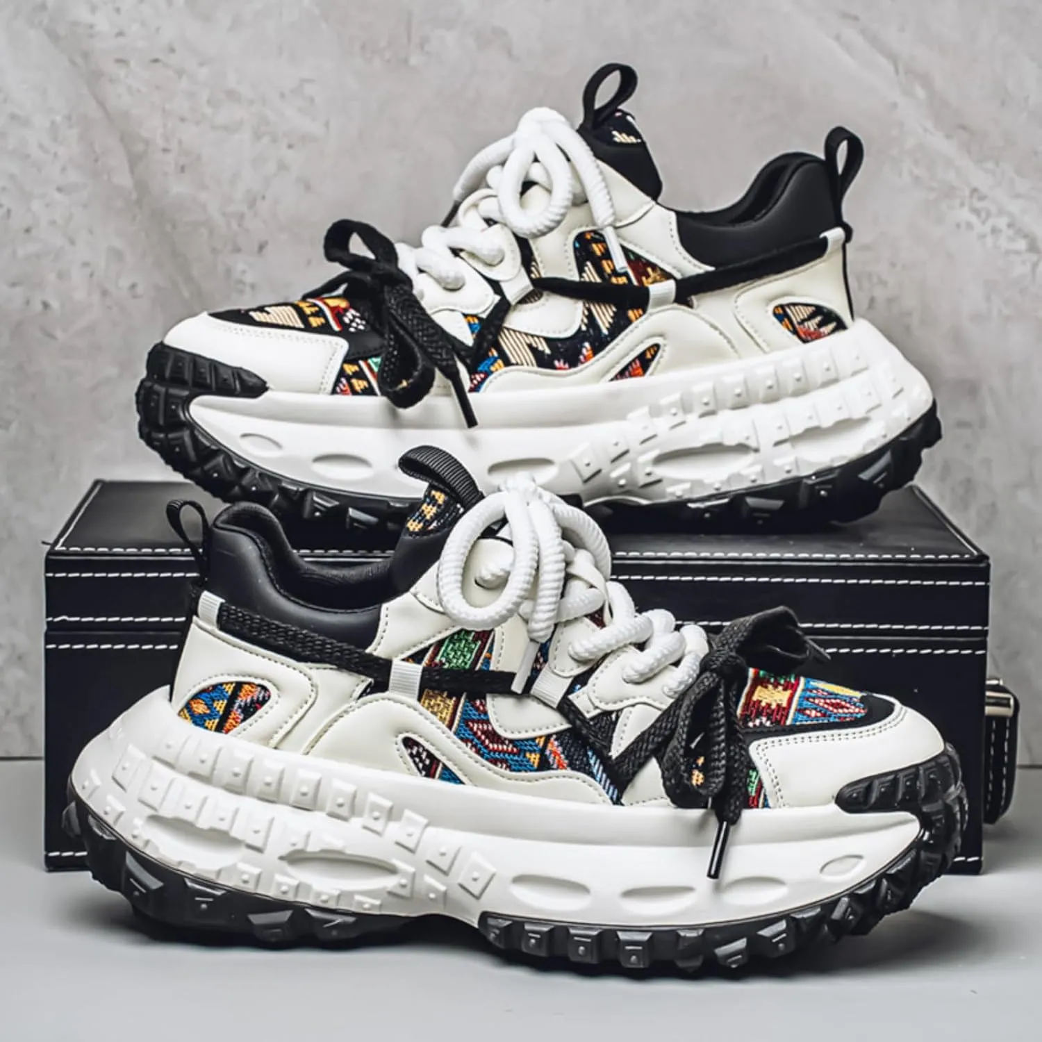 Men's 3.15" Thick Sole Platform Sneakers Floral Pattern Patchwork Dad Style Fashion Casual Walking Skate Shoes